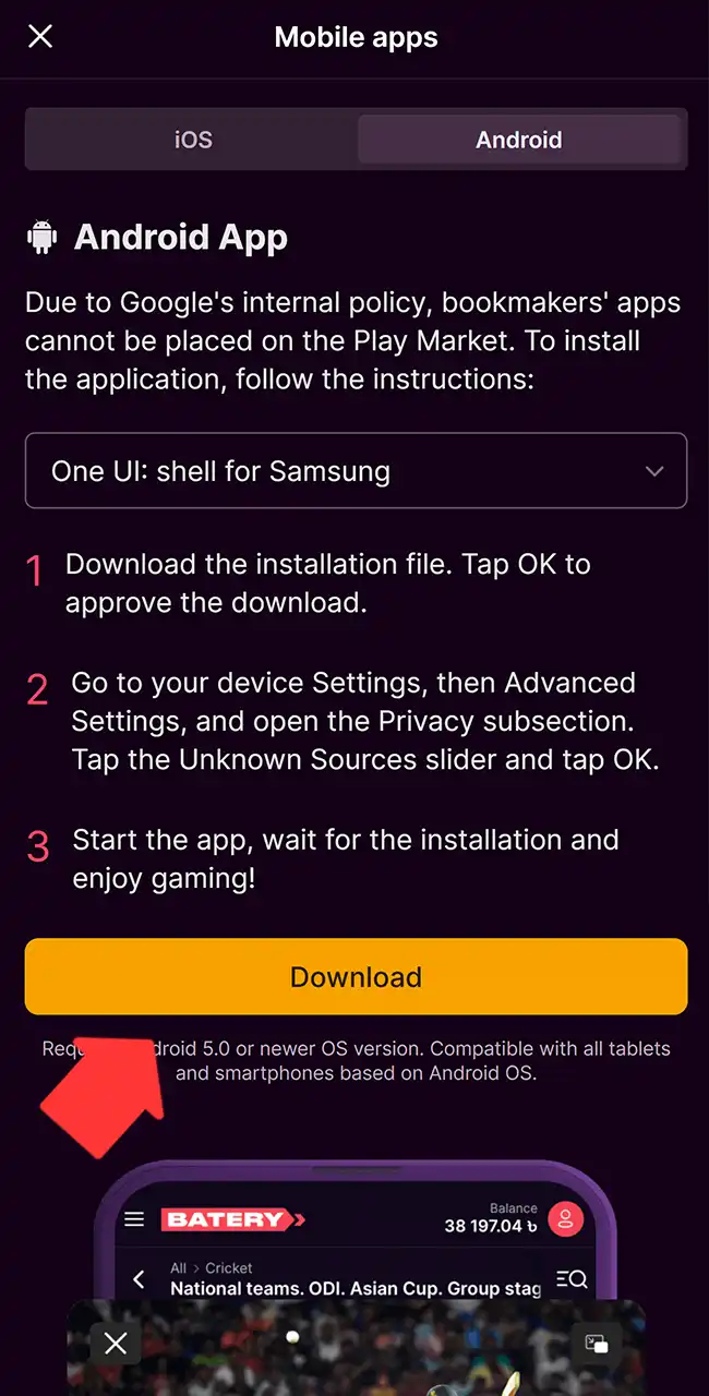 Page Mobile apps de Batery, onglet Android, avec les instructions d’installation, le bouton Download et l’exigence Android 5.0