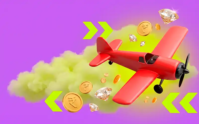 Avion rouge de dessin animé volant parmi des pièces de monnaie et des diamants