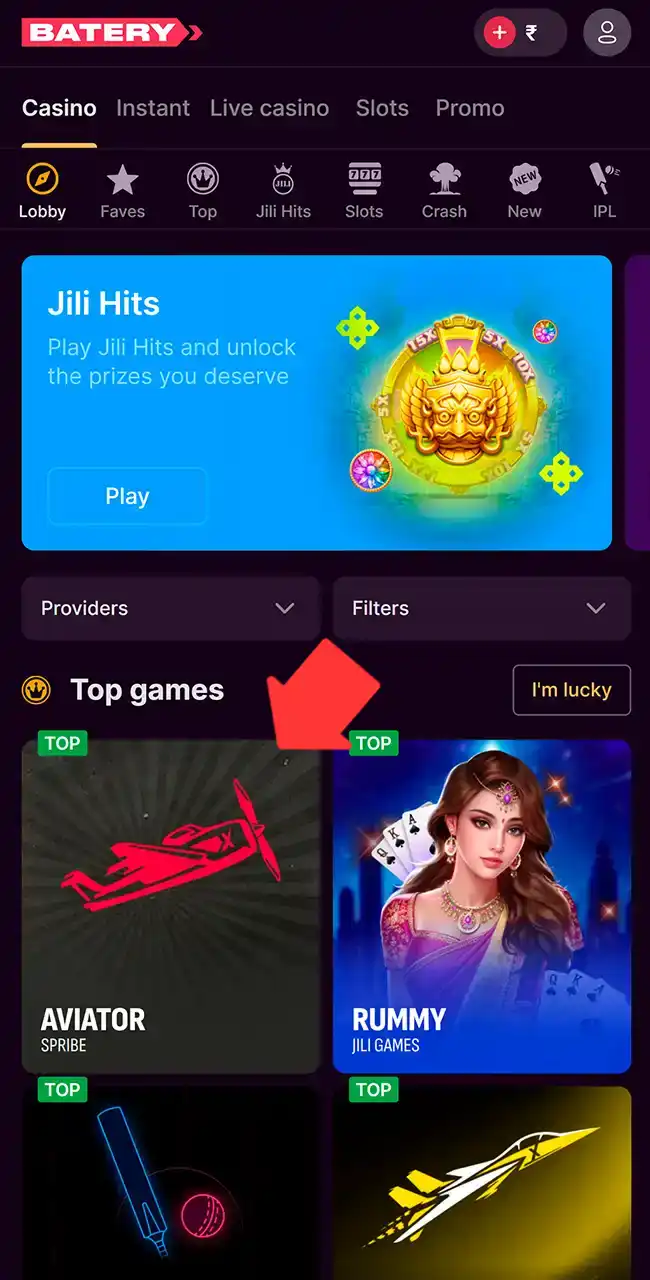 Lobby du casino Batery avec la tuile Aviator étiquetée Spribe dans Top games