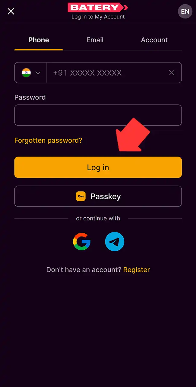 Pantalla Log in to My Account de Batery con las pestañas Phone, Email y Account, un enlace Forgotten password, Passkey, Google y Telegram
