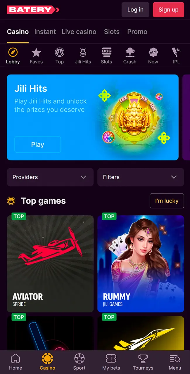 Lobby du casino Batery sur un téléphone avec l’Aviator de Spribe en premier dans Top games, à côté de Rummy de Jili Games