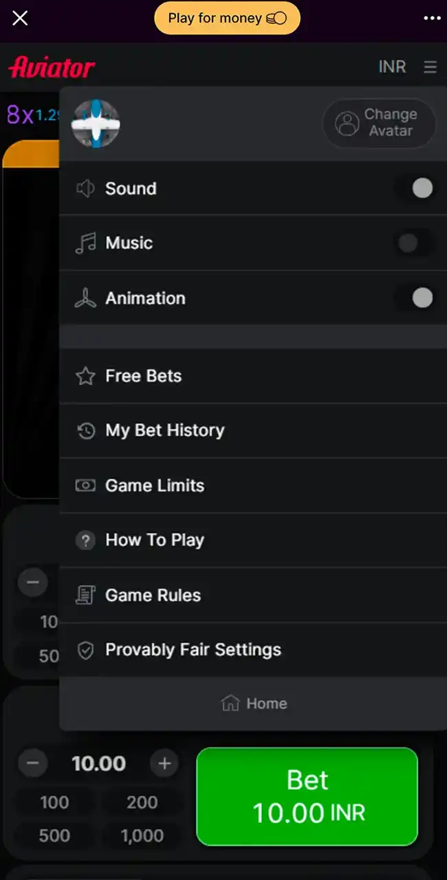 Menu du jeu Aviator sur Batery avec Sound, Music, Animation, Free Bets, Game Limits et Provably Fair Settings