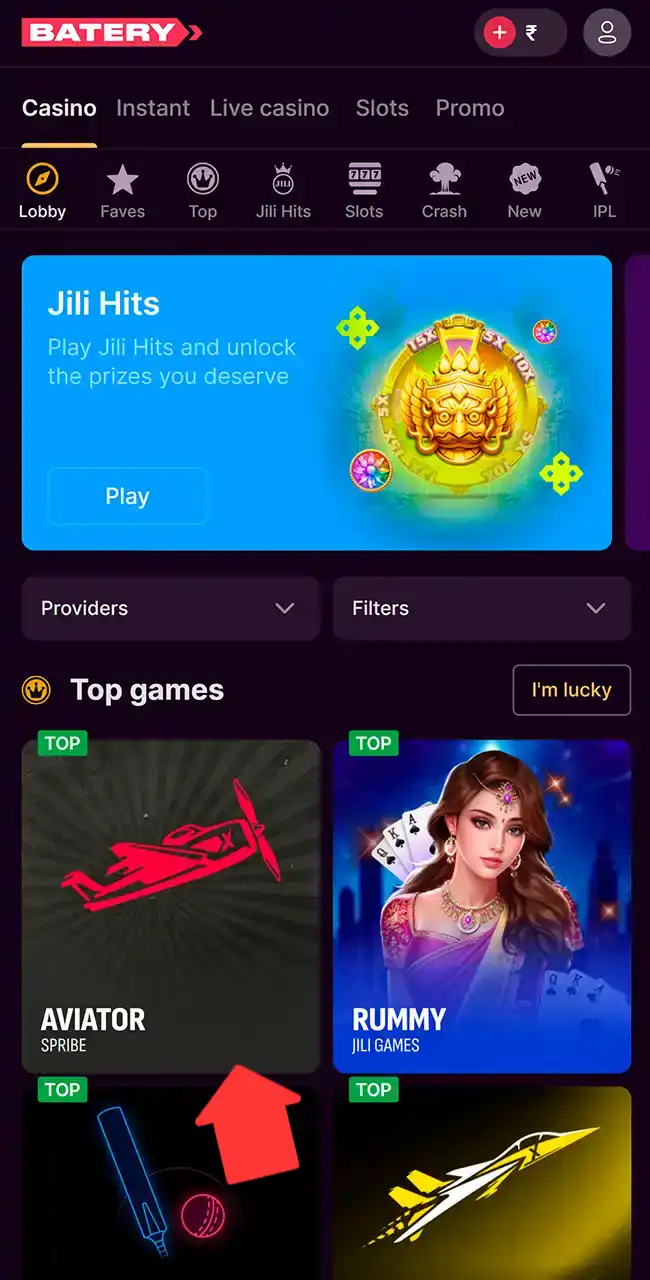Lobby du casino Batery sur un iPhone avec la tuile Aviator de Spribe mise en évidence dans Top games