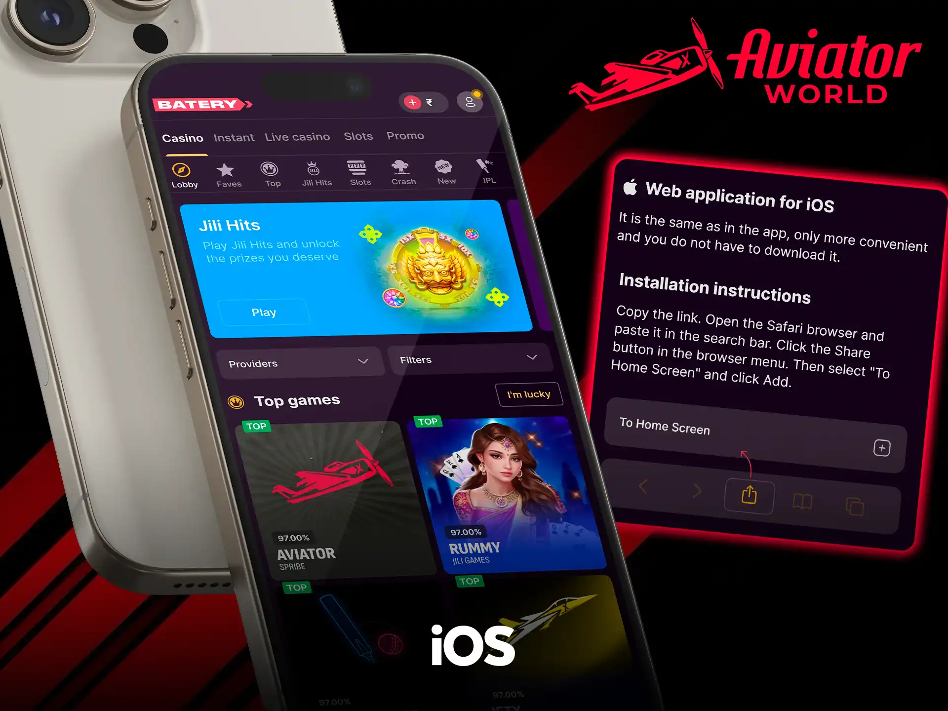 Lobby du casino Batery sur un iPhone avec l’Aviator de Spribe dans Top games, à côté des instructions Web application for iOS de Batery