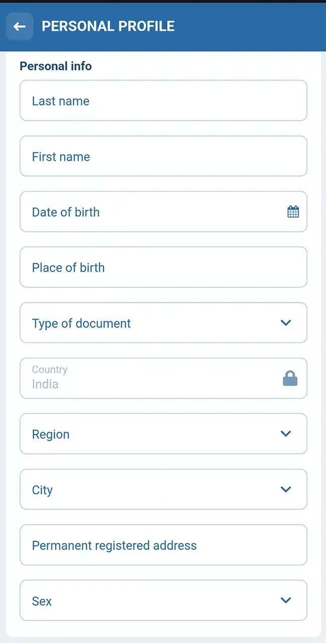 Formulario de perfil personal de 1xBet que pide nombre, fecha de nacimiento, lugar de nacimiento, tipo de documento, región, ciudad y dirección