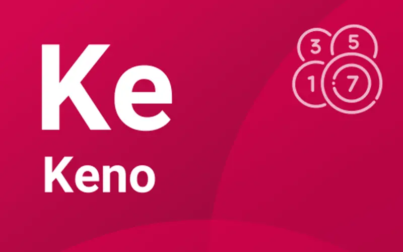 Ficha de Keno de Spribe: las letras Ke y la palabra Keno sobre fondo rojo con bolas numeradas