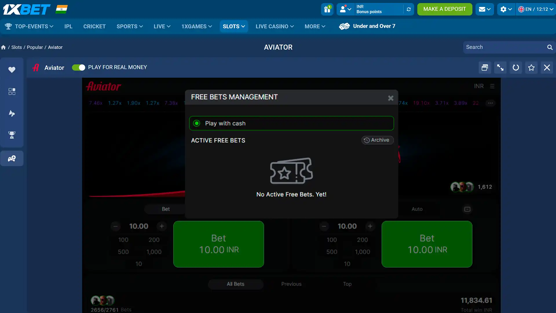 Aviator Free Bets Management window with the Play with cash option