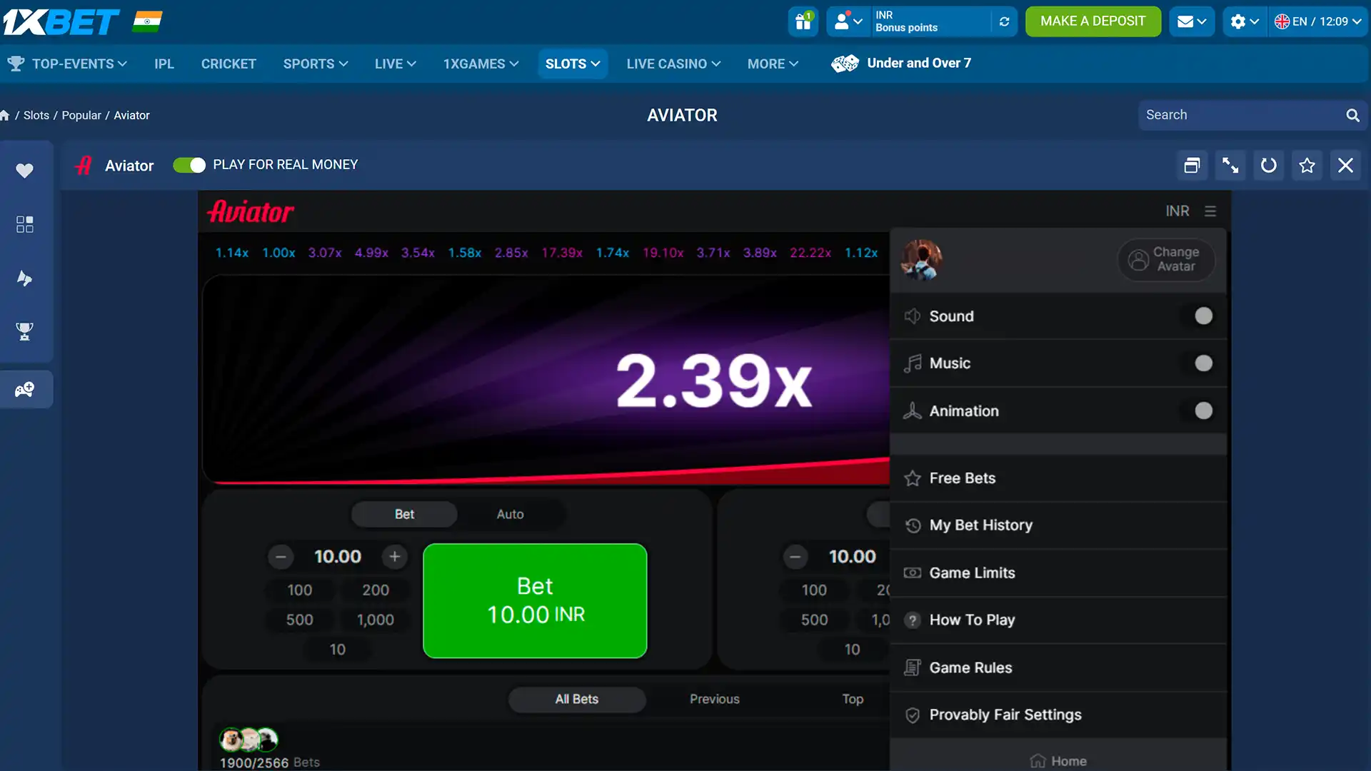 Aviator game menu with Free Bets, My Bet History, Game Limits, How To Play, Game Rules and Provably Fair Settings