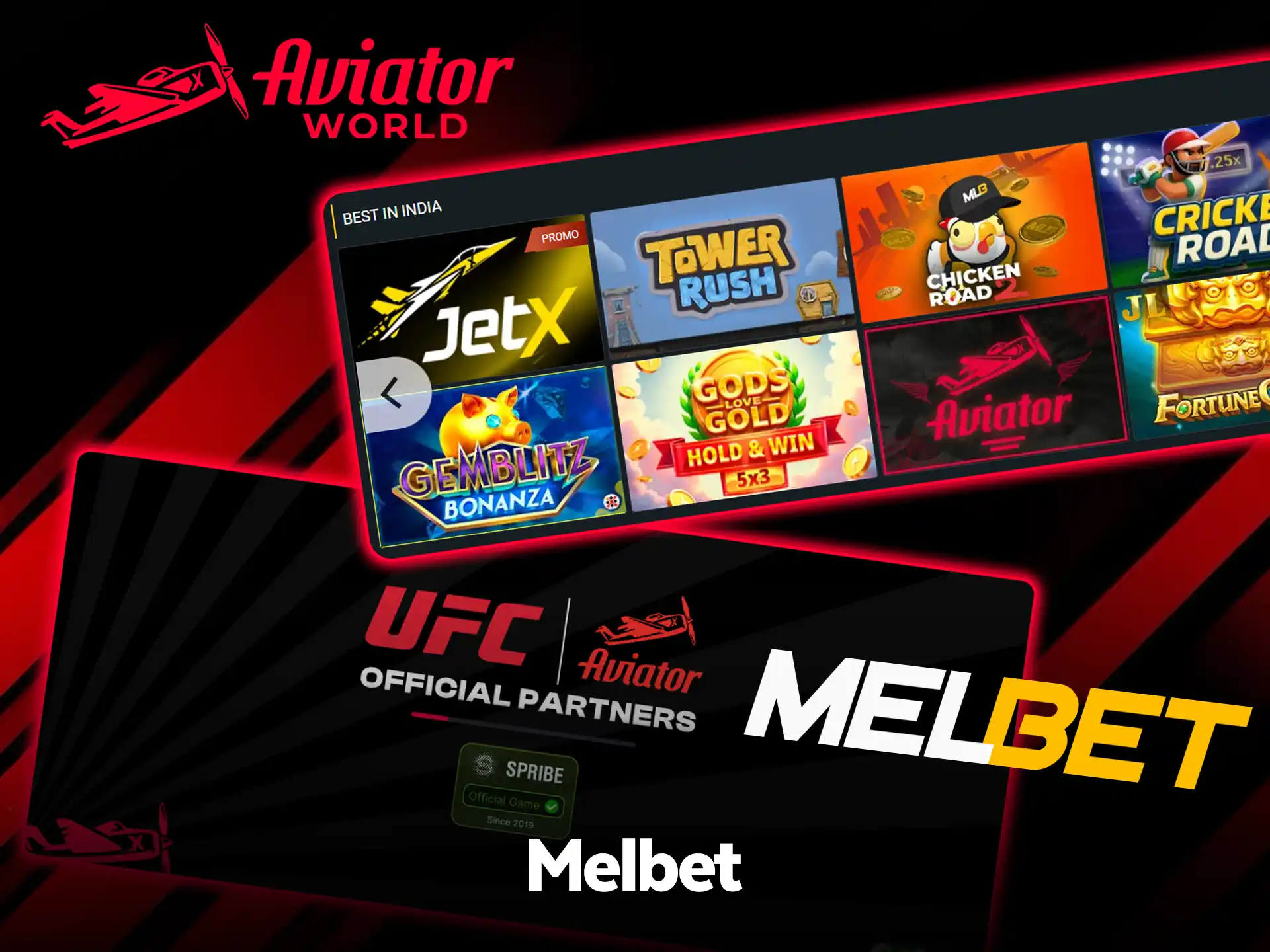 Melbet lobby with crash games, including a tile called Aviator