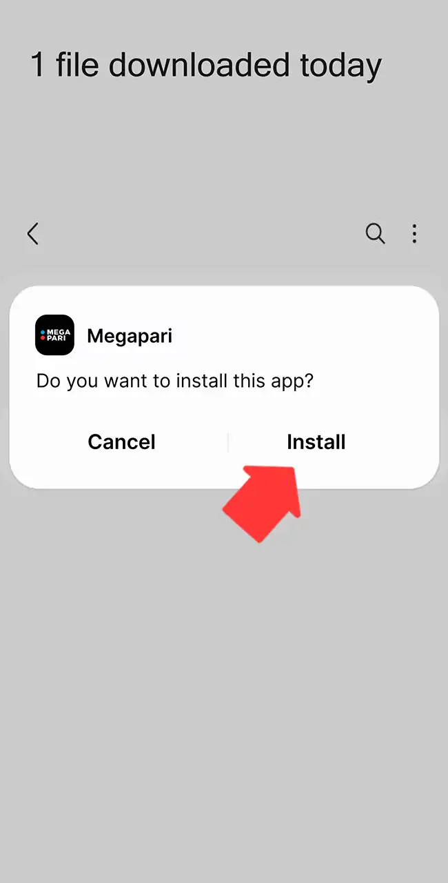 Aviso de Android que pregunta si instalar la app de Megapari, con el botón Instalar marcado