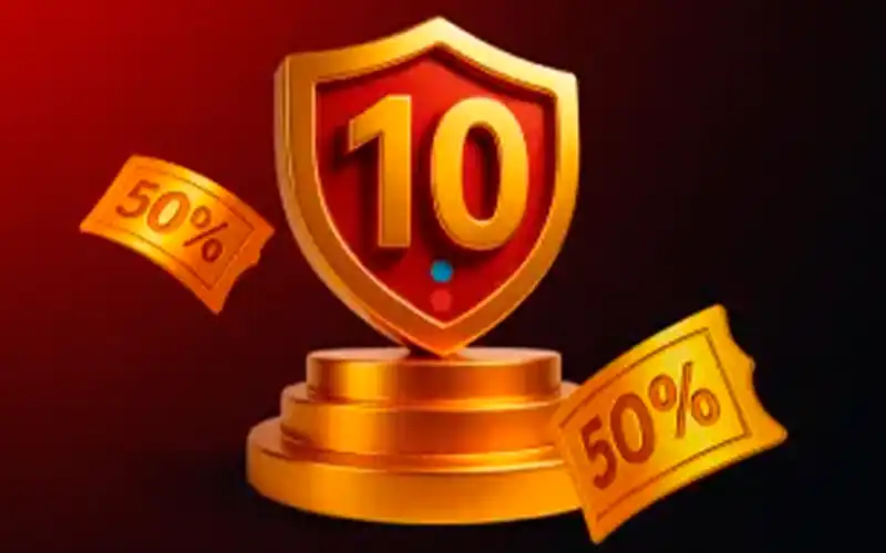 Escudo con el número 10 sobre un podio dorado, con dos tickets del 50 %