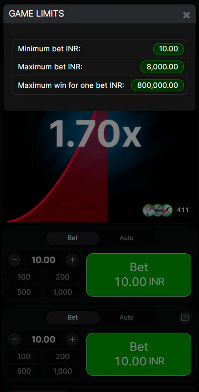 Ventana Game Limits de Aviator con la apuesta mínima, la apuesta máxima y la ganancia máxima por apuesta
