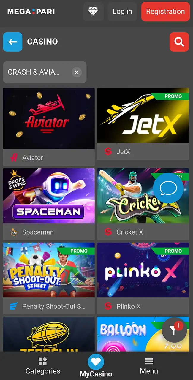 Casino Megapari en un móvil con el filtro Crash and Aviator: Aviator primero, luego JetX, Spaceman y Cricket X