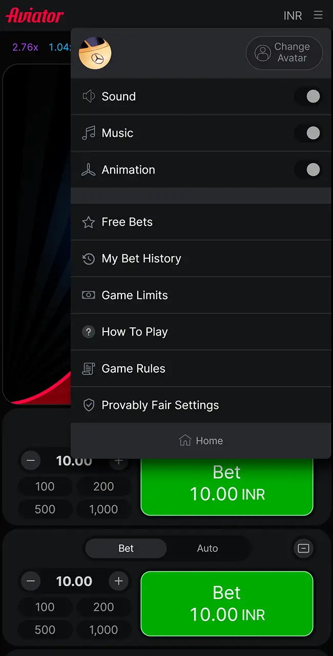 Menú de Aviator con Sound, Music, Animation, Free Bets, Game Limits y Provably Fair Settings