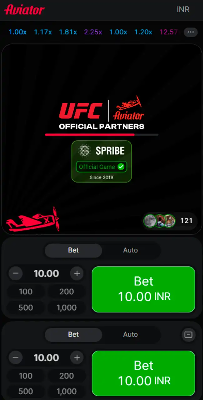 Aviator cargando en Megapari con el distintivo Official Game, Since 2019 de Spribe sobre dos paneles Bet