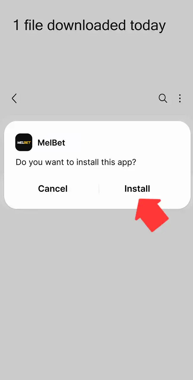 Aviso de Android que pregunta si instalar la app de MelBet, con el botón Instalar marcado