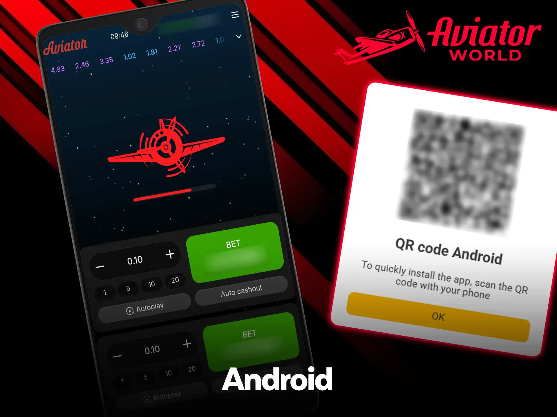Ventana con el código QR para Android de Melbet, junto al juego Aviator de Melbet cargando en un móvil Android con importes predefinidos 1, 5, 10 y 20