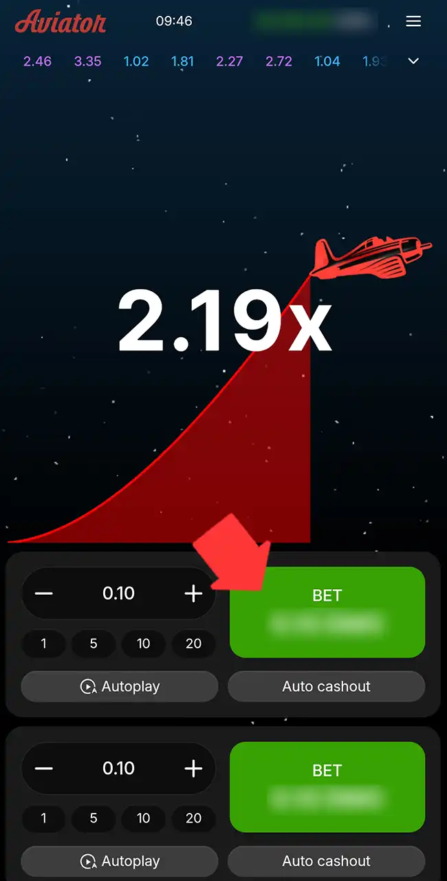 Botón Bet marcado en el juego Aviator de Melbet durante una ronda a 2.19x