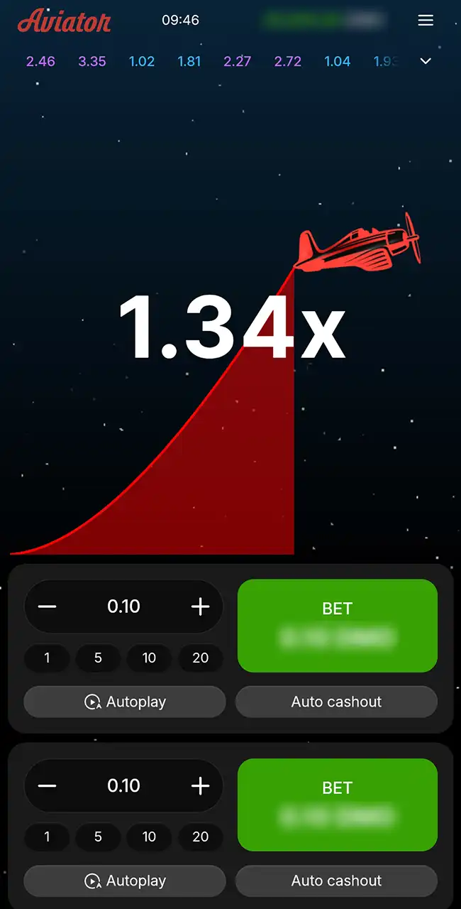 Otro juego llamado Aviator en el lobby de Melbet, con otra tipografía en el logotipo, un fondo estrellado, botones Autoplay y Auto cashout e importes predefinidos de 1, 5, 10 y 20