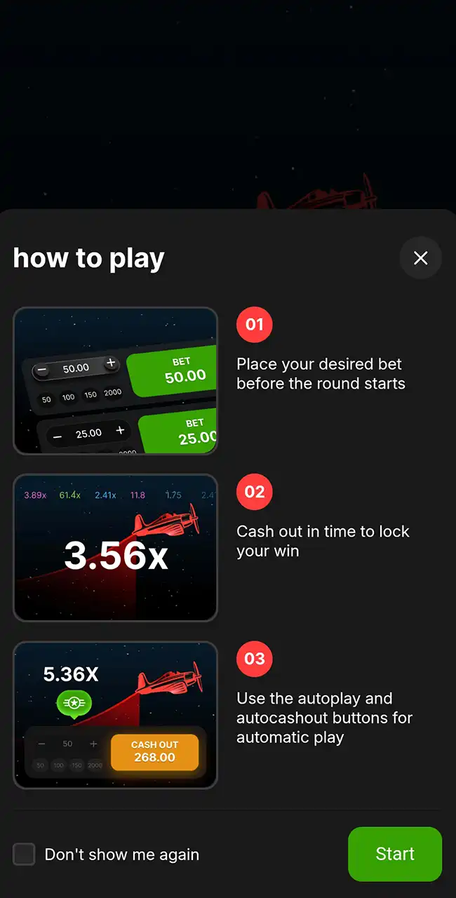 Ventana How to play del Aviator de Melbet con tres pasos: apostar, retirar a tiempo, usar autoplay y autocashout