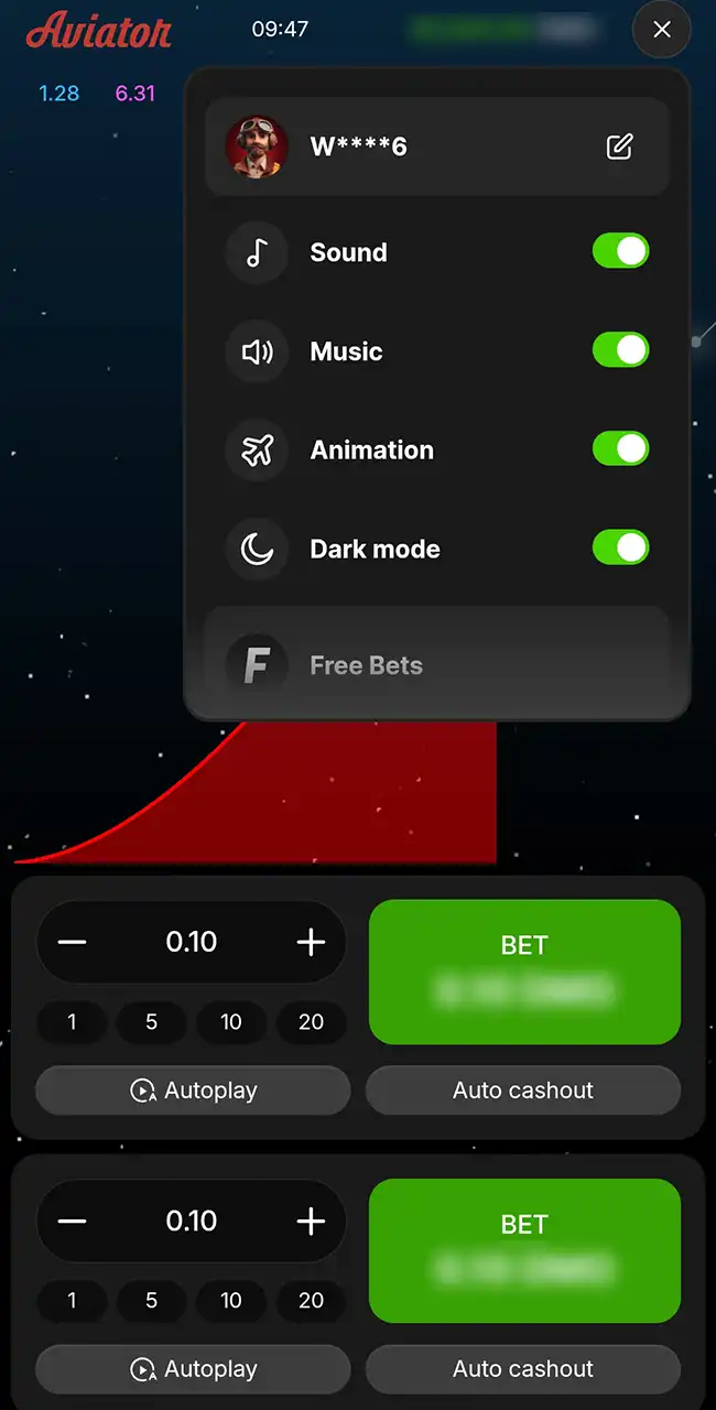Menú del juego Aviator en Melbet con los interruptores Sound, Music, Animation y Dark mode y Free Bets