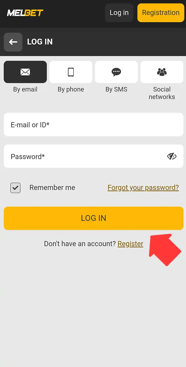 Formulario de acceso de Melbet con opciones de correo, teléfono, SMS y redes sociales y el enlace Register marcado