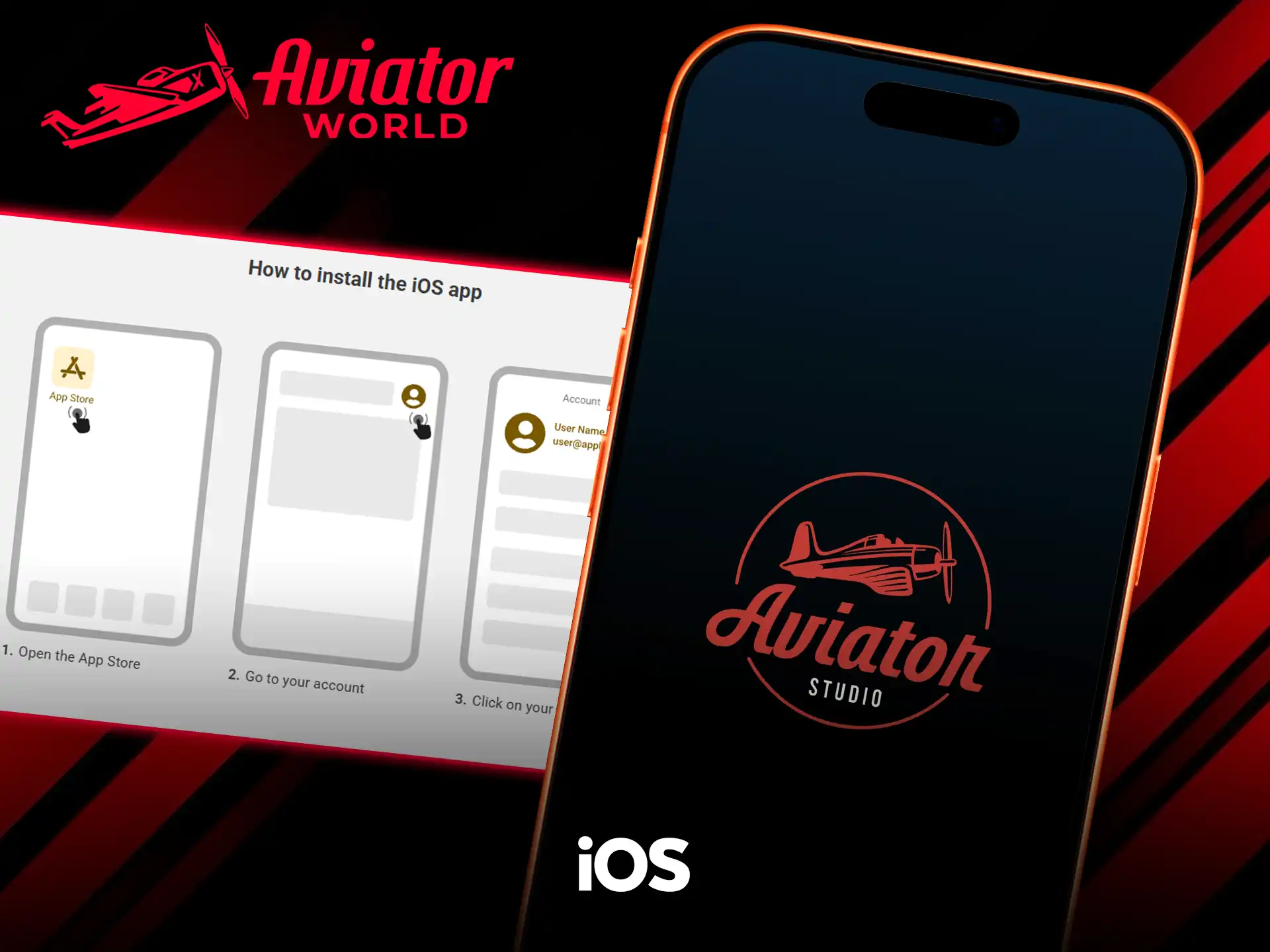Instrucciones How to install the iOS app de Melbet que empiezan en el App Store, junto a un iPhone con una pantalla de carga de Aviator Studio