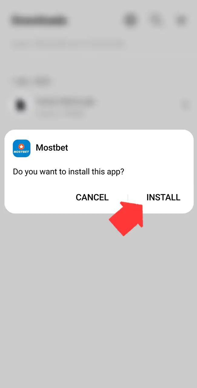 Aviso de Android que pregunta si instalar la app de Mostbet, con el botón Instalar marcado