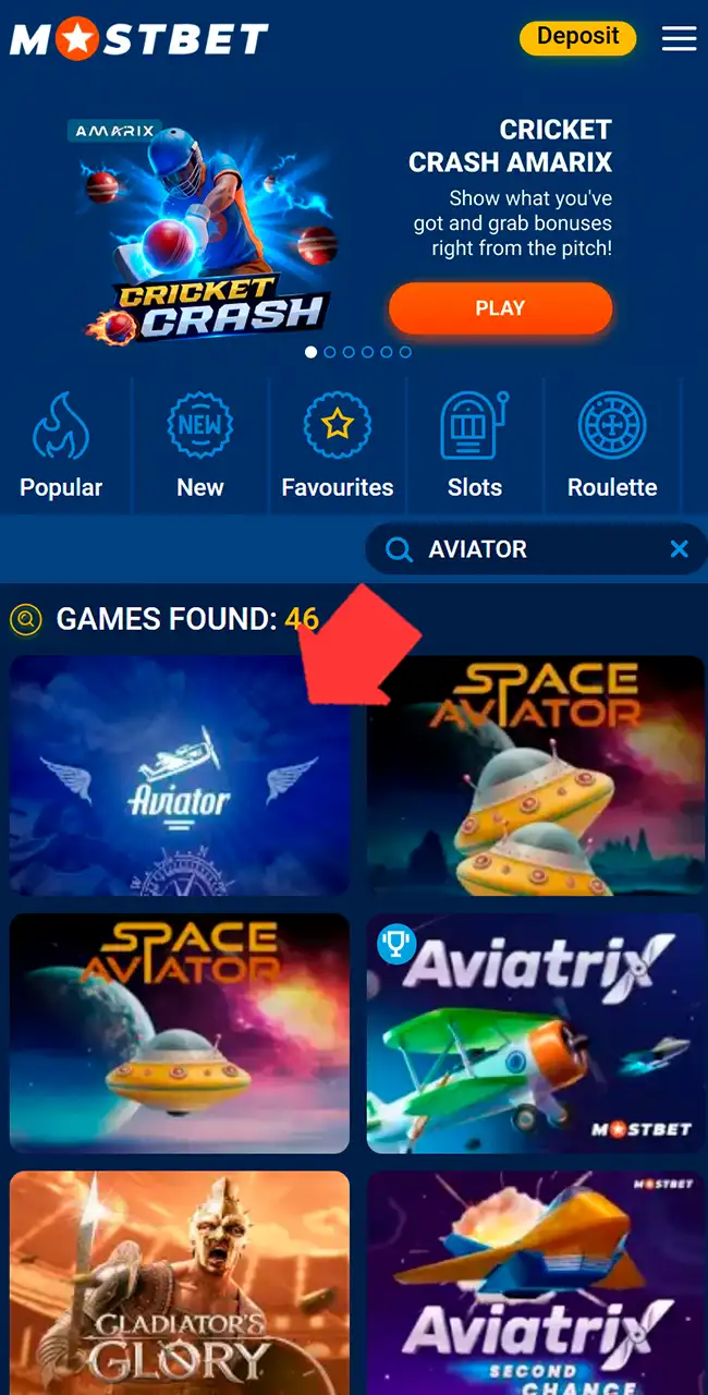 Búsqueda de Aviator en el casino Mostbet con 46 resultados y el mosaico de Aviator marcado