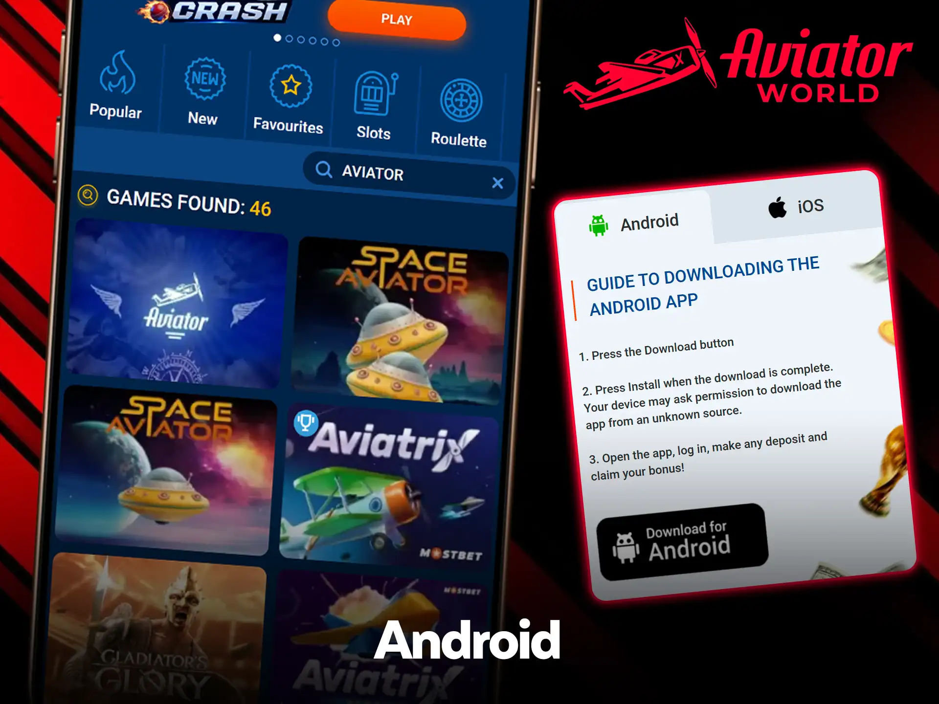 Guía de Mostbet para descargar la app de Android con el botón Download for Android, junto a resultados de búsqueda de Aviator en un móvil
