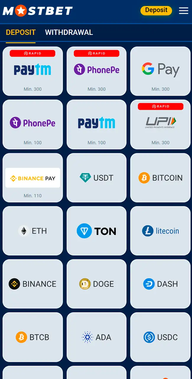 Cajero de Mostbet con las pestañas Deposit y Withdrawal: métodos locales, Google Pay, Binance Pay y métodos cripto