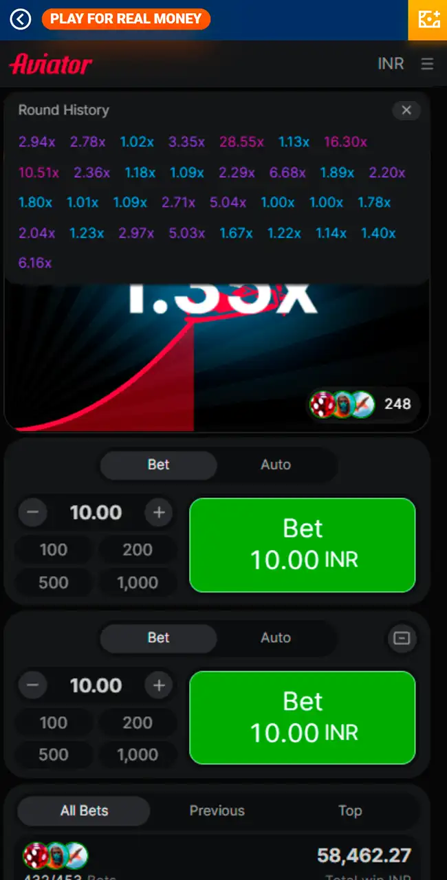 Aviator en Mostbet con el panel Round History de multiplicadores anteriores abierto sobre los paneles Bet