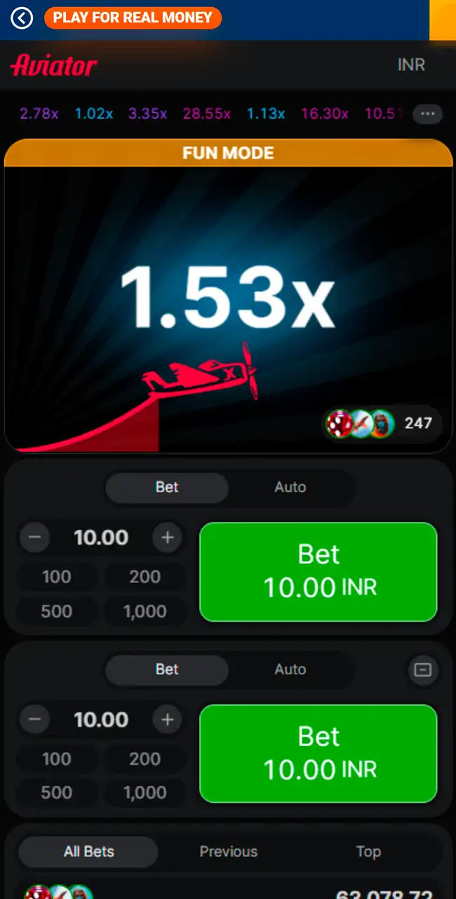 Aviator de Spribe en modo diversión en Mostbet a 1.53x, con una barra naranja FUN MODE sobre el juego y un botón Play for real money arriba