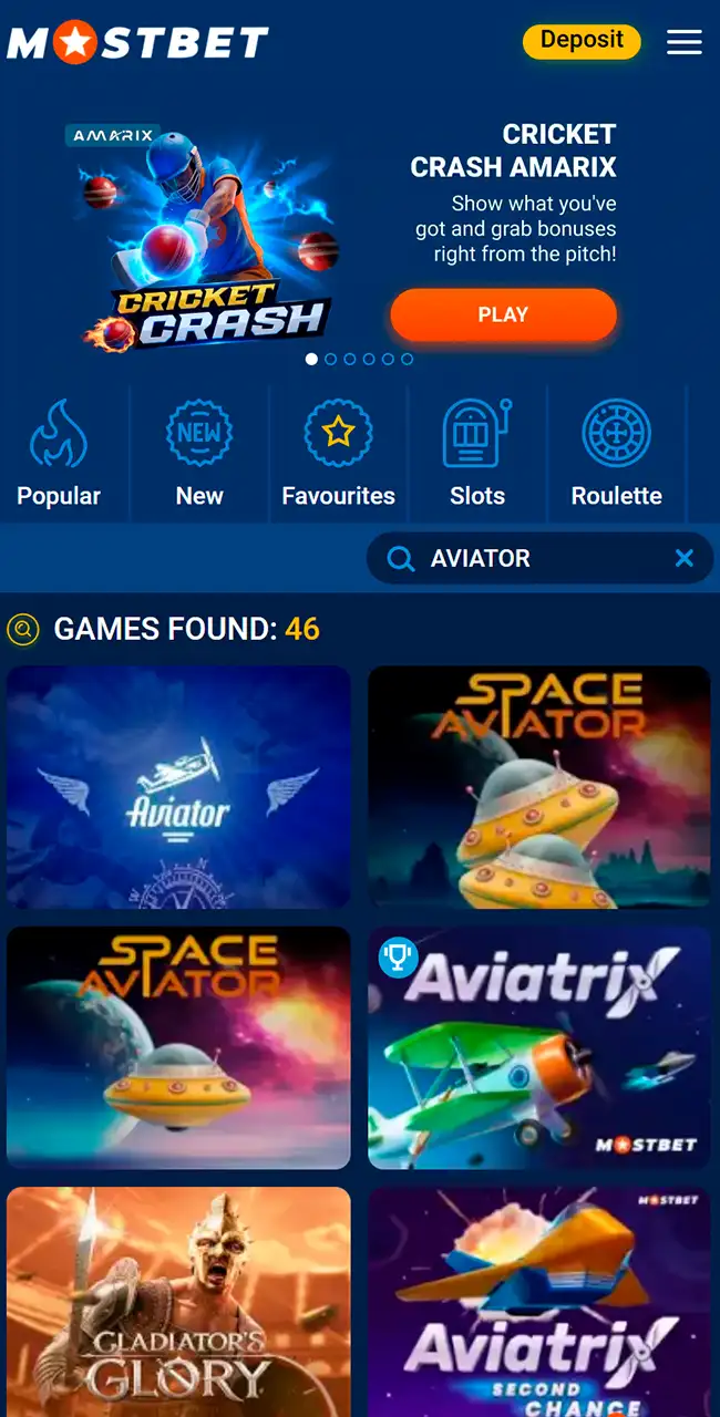 Resultados de búsqueda de Aviator en Mostbet en un móvil, 46 juegos encontrados, entre ellos Aviator, Space Aviator y Aviatrix