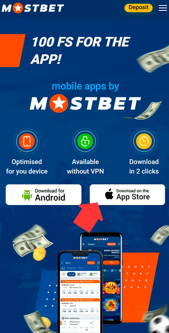 Página de apps móviles de Mostbet con los botones Download for Android y Download on the App Store, con el botón del App Store marcado