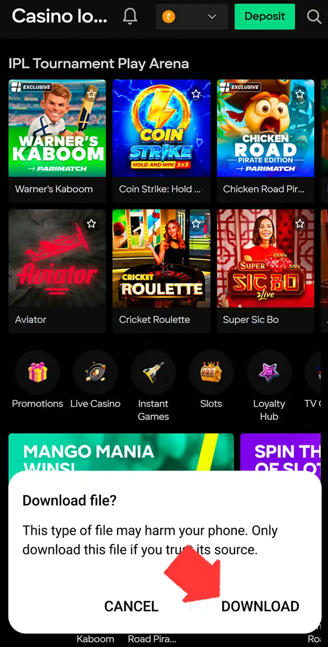 Aviso de Android Download file? con los botones Cancel y Download sobre el lobby del casino Parimatch