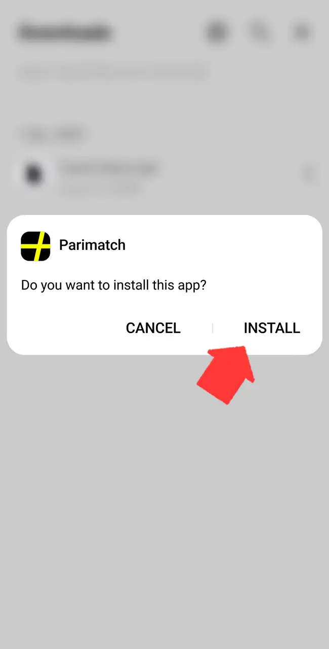 Diálogo de Android que pregunta si quieres instalar la app de Parimatch, con los botones Cancel e Install