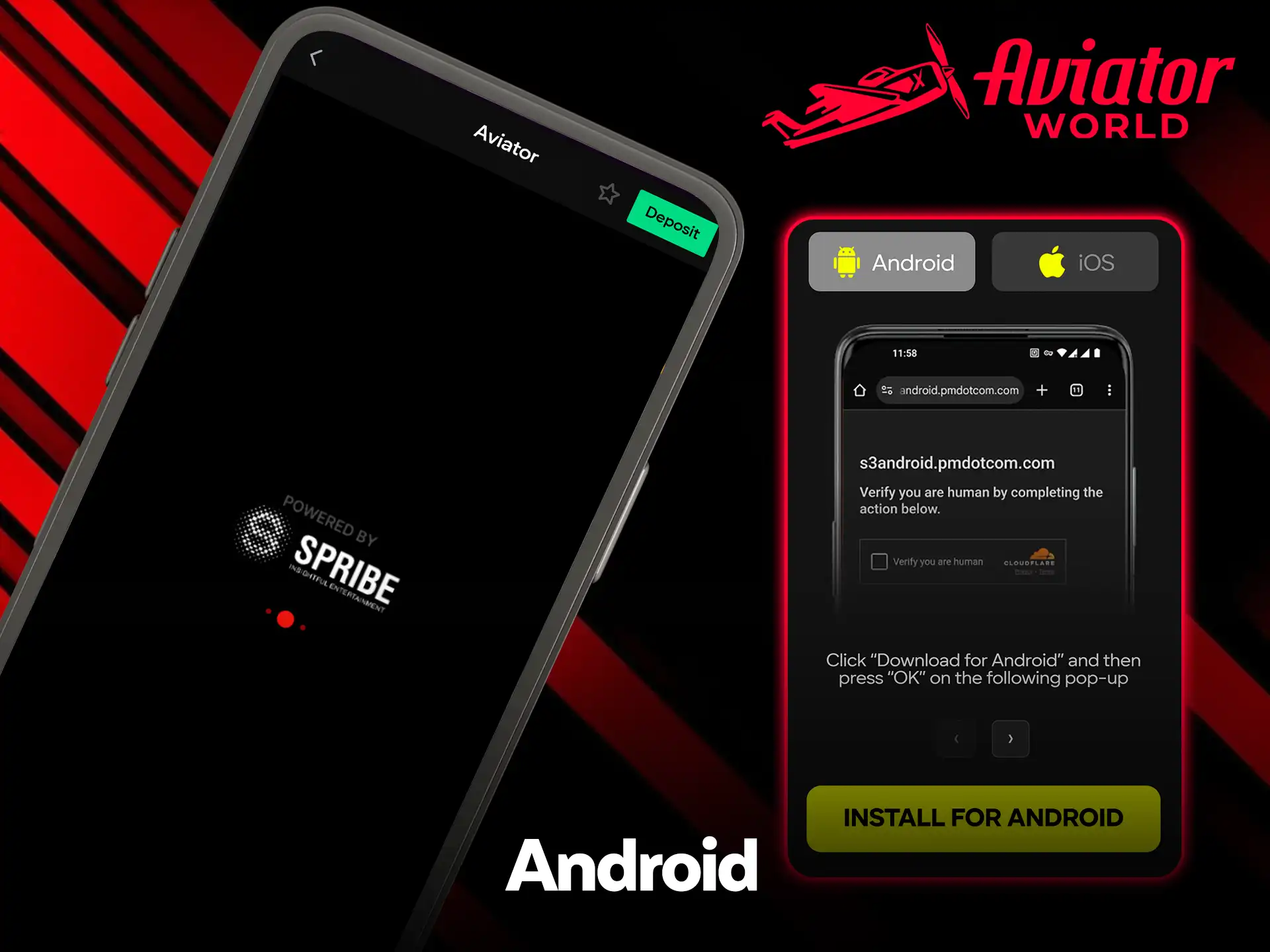 Aviator cargando en la app de Parimatch con una pantalla Powered by Spribe, junto a la página de descarga para Android con un botón Install for Android