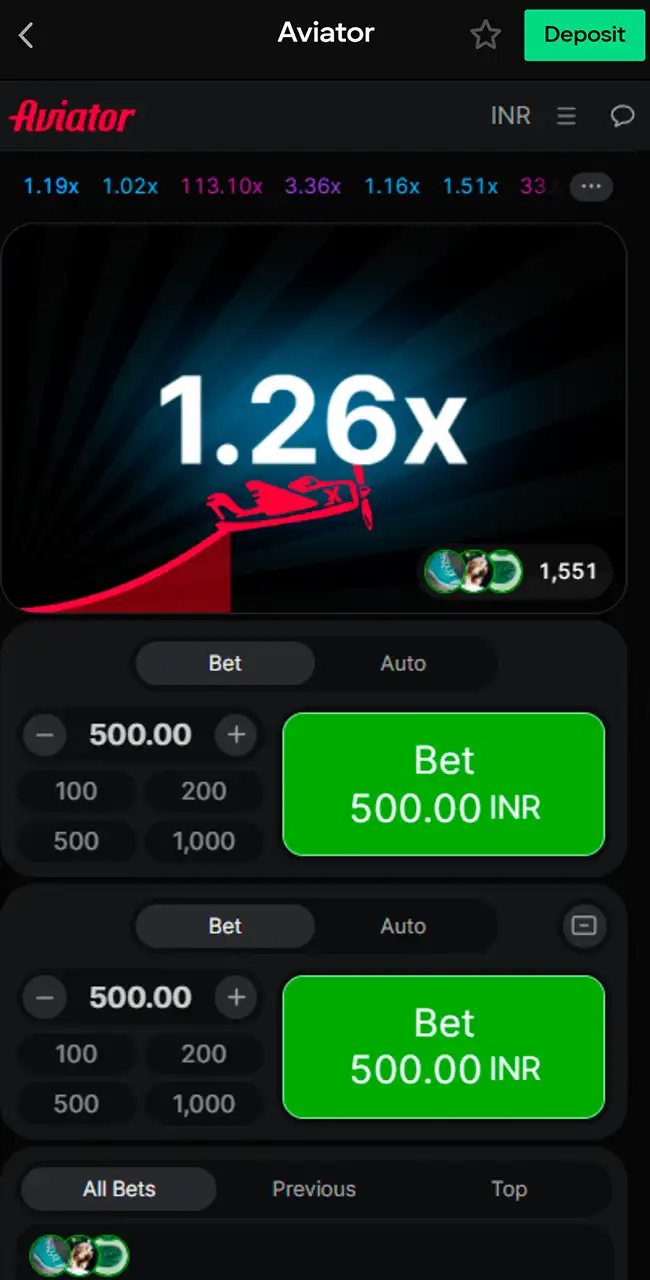 Ronda de Aviator en la app de Parimatch a 1.26x con una apuesta en ambos paneles