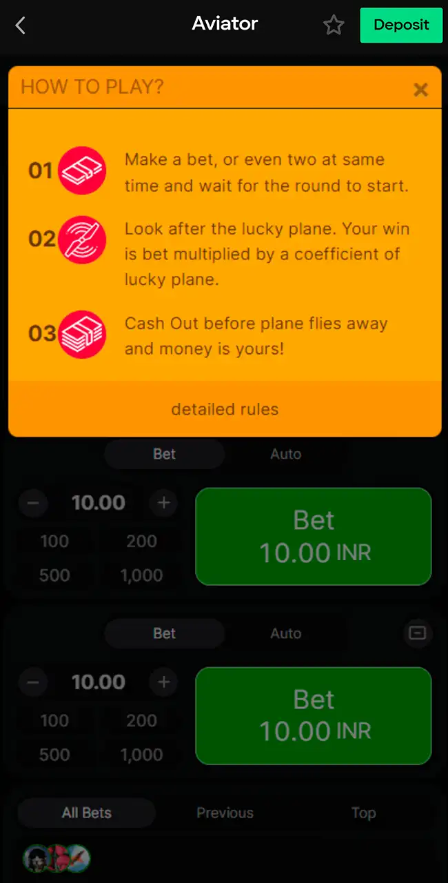 Ventana How to Play de Aviator en la app de Parimatch con tres pasos: apostar, mirar el avión, retirar