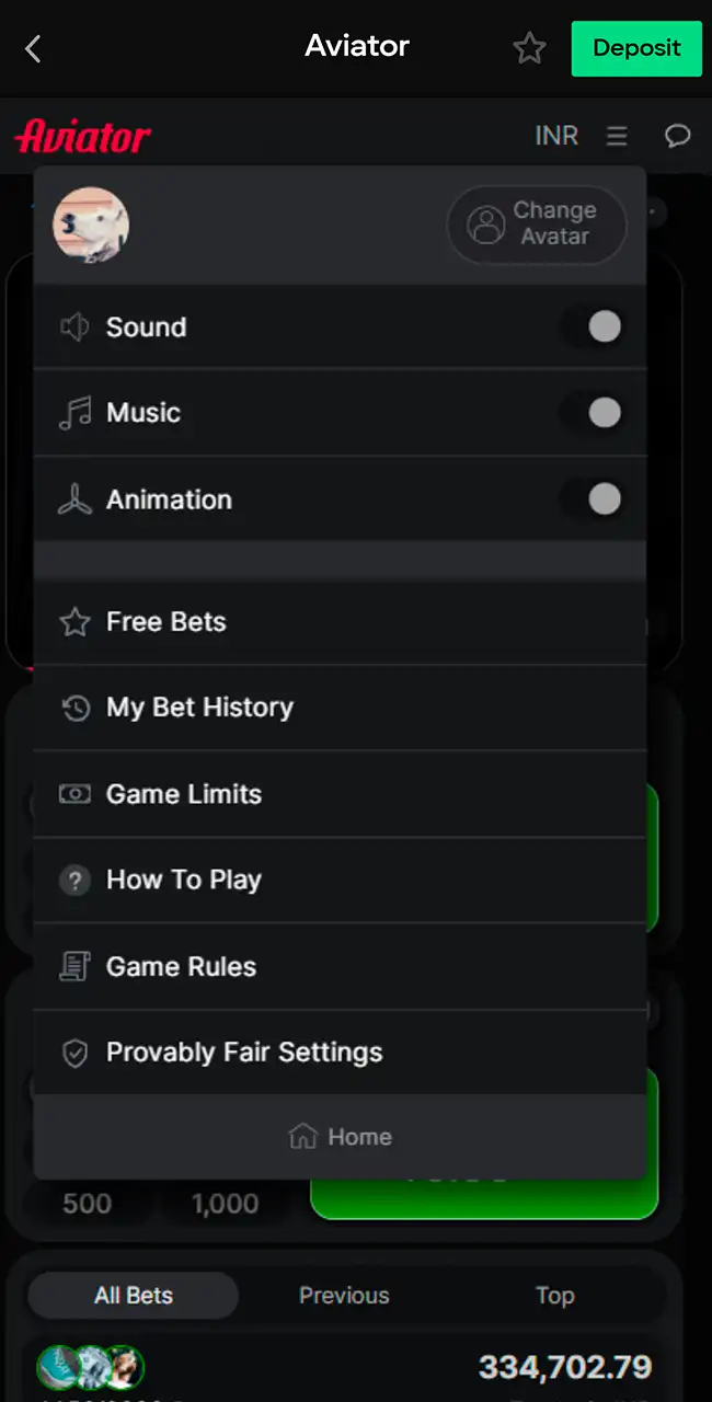 Menú del juego Aviator en la app de Parimatch con Sound, Music, Animation, Free Bets, Game Limits, Game Rules y Provably Fair Settings