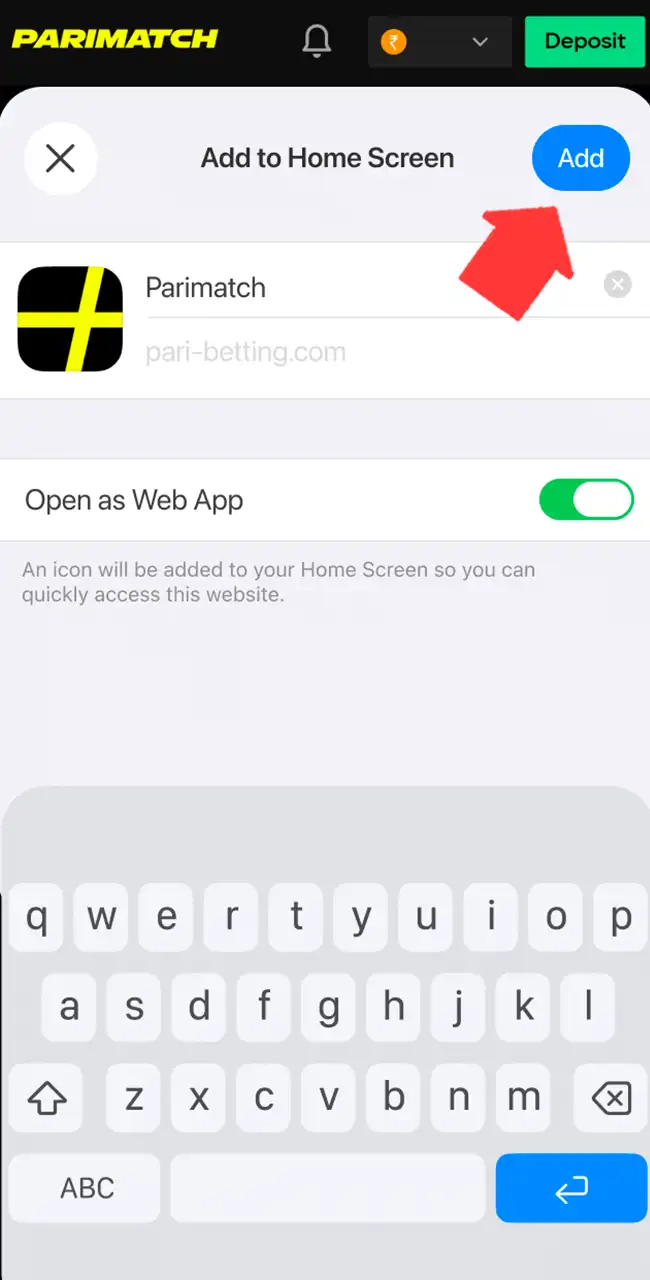 Ventana Add to Home Screen de Parimatch con una flecha que señala el botón Add