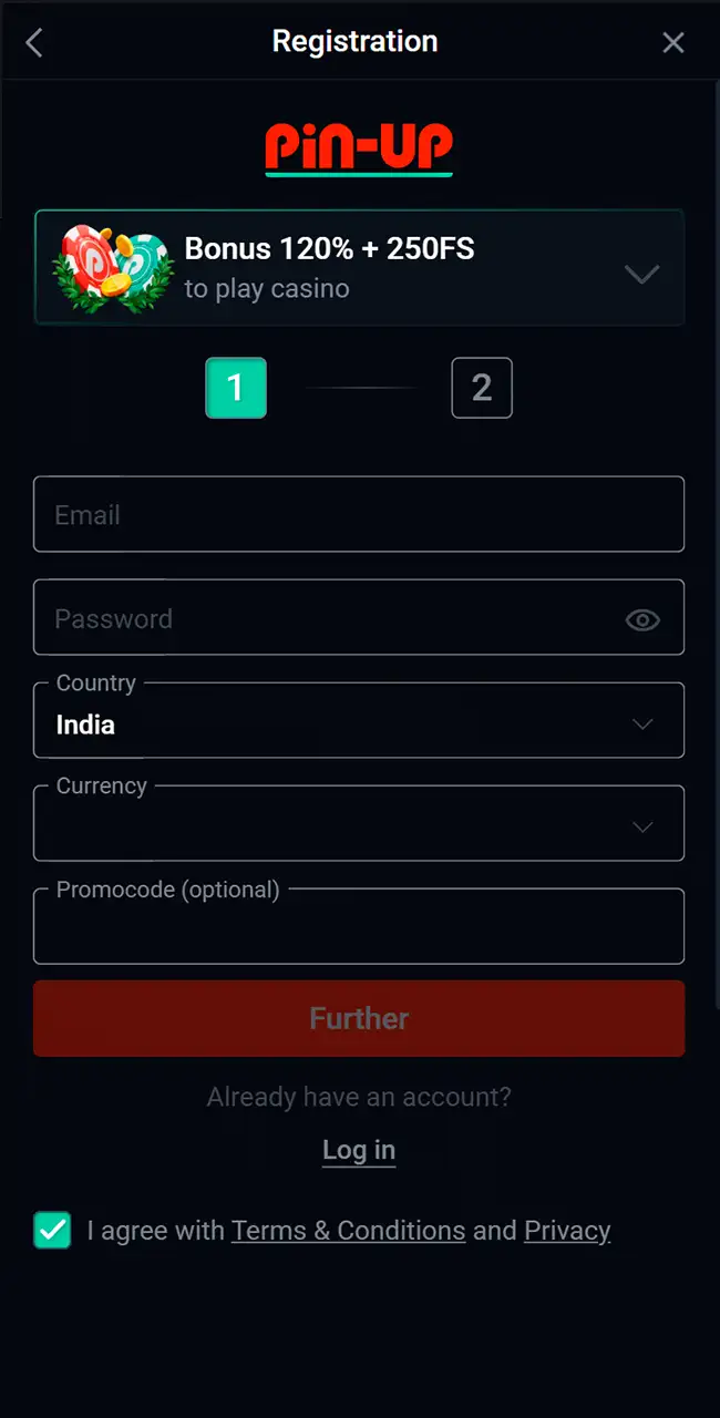 Formulario de registro de Pin-Up con selector de país y campos de correo, contraseña y moneda