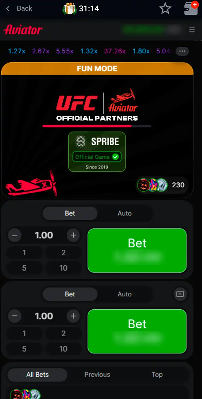 Aviator cargando en Fun Mode en Pin-Up con el logotipo UFC Official Partners y el distintivo Spribe Official Game, Since 2019
