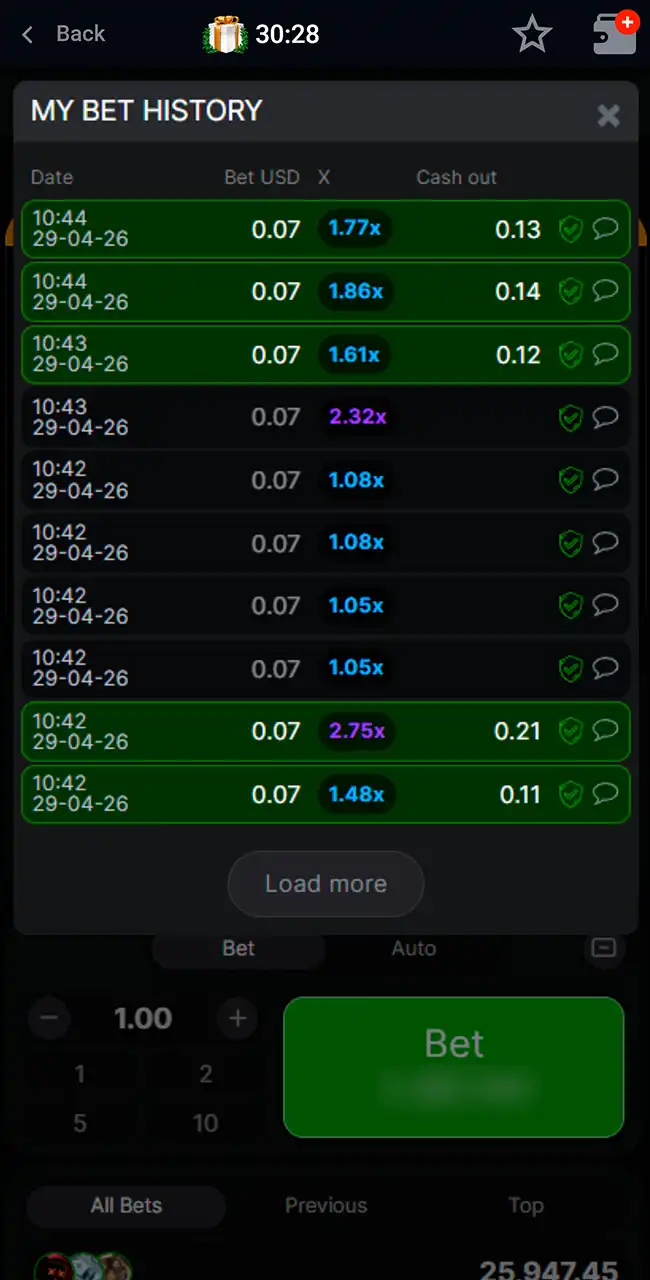 Ventana My Bet History en Pin-Up con diez apuestas de 0,07 USD del 29 de abril de 2026, sus multiplicadores y retiros