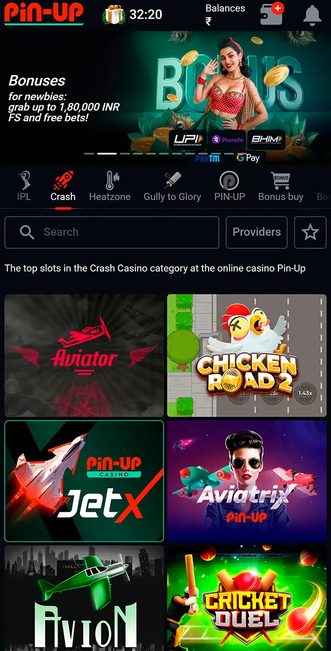 Sección crash del lobby de Pin-Up en un móvil con Aviator en primer lugar, junto a Chicken Road 2, JetX y Aviatrix