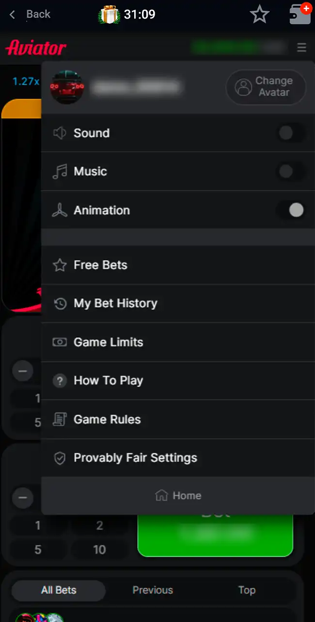 Menú del juego Aviator en Pin-Up con Sound, Music, Animation, Free Bets, My Bet History, Game Limits, Game Rules y Provably Fair Settings