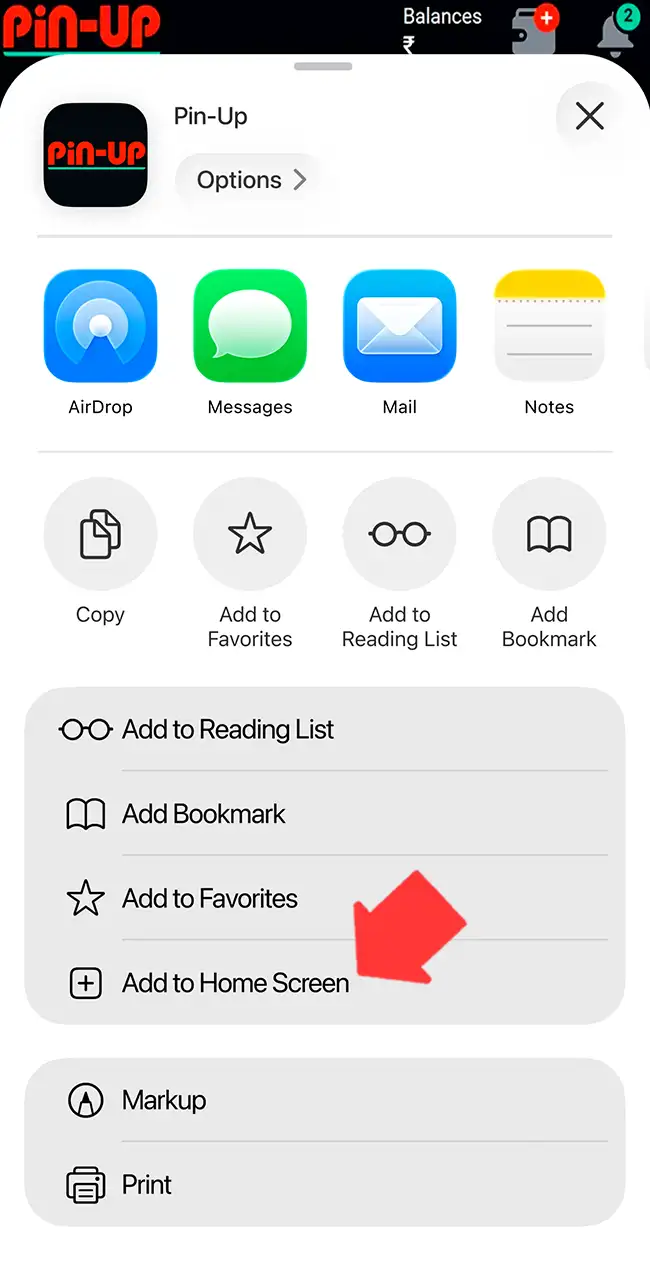 Menú de compartir de iOS para el sitio de Pin-Up con una flecha en Add to Home Screen