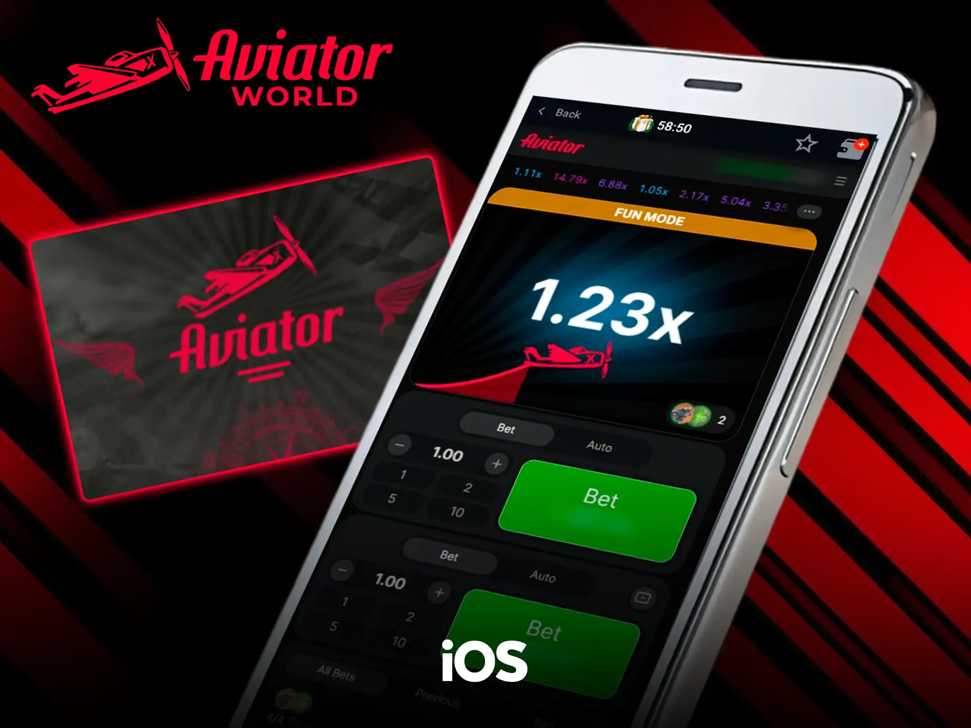 Ficha de Aviator junto a un iPhone que muestra Aviator en Fun Mode a 1.23x en la versión web de Pin-Up