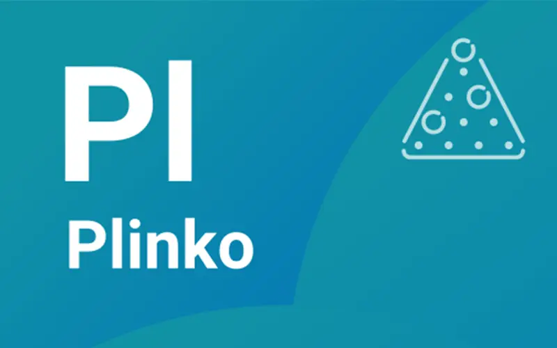 Ficha de Plinko de Spribe: las letras Pl y la palabra Plinko sobre fondo turquesa con el icono de una pirámide de clavos